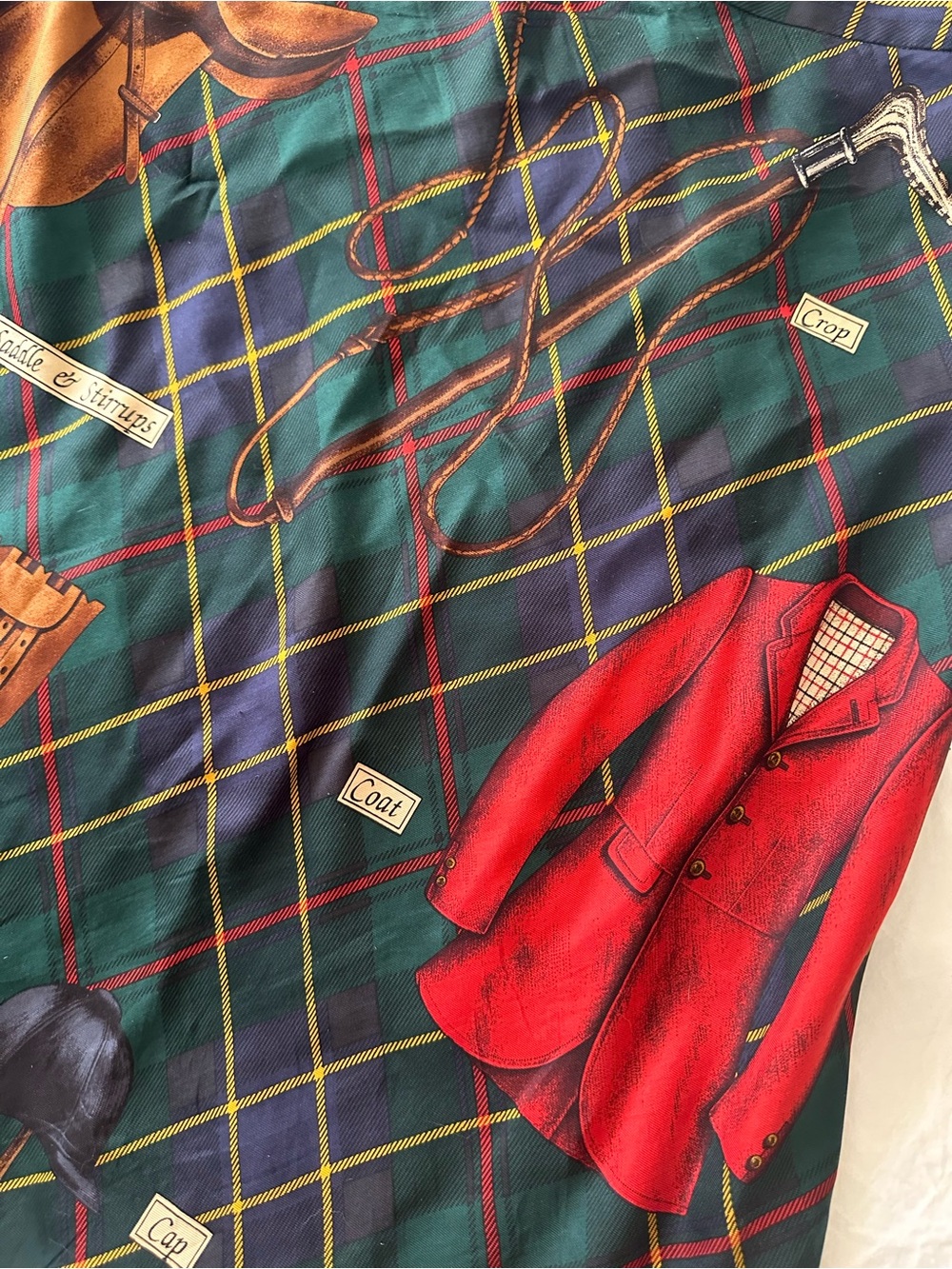 RARE 90’s Vintage Ralph Lauren Green Plaid Equestrian-Print Silk A-Line Skirt - Picture 6 of 8
